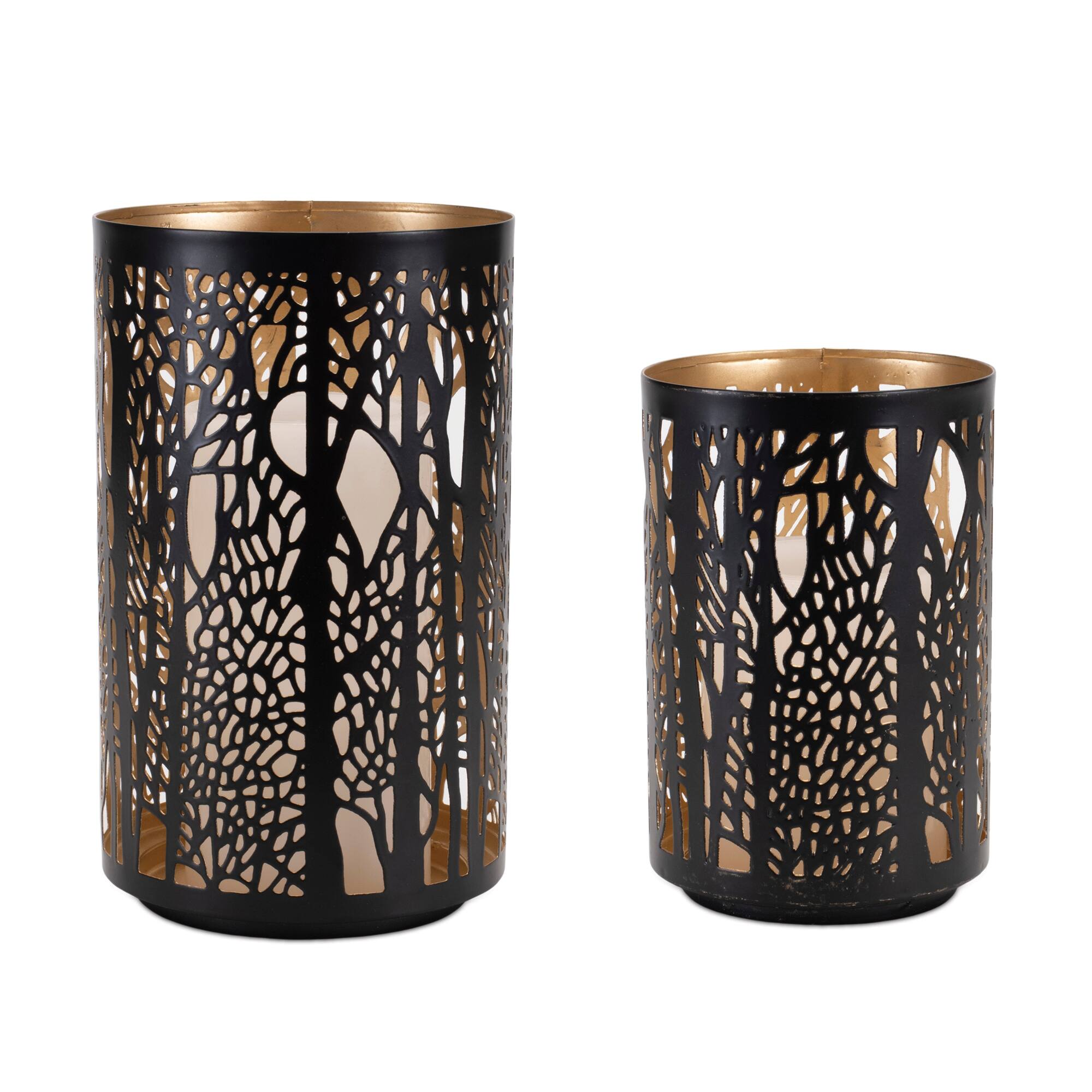 Black & Gold Forest Trees Punched Metal Candle Holder Set